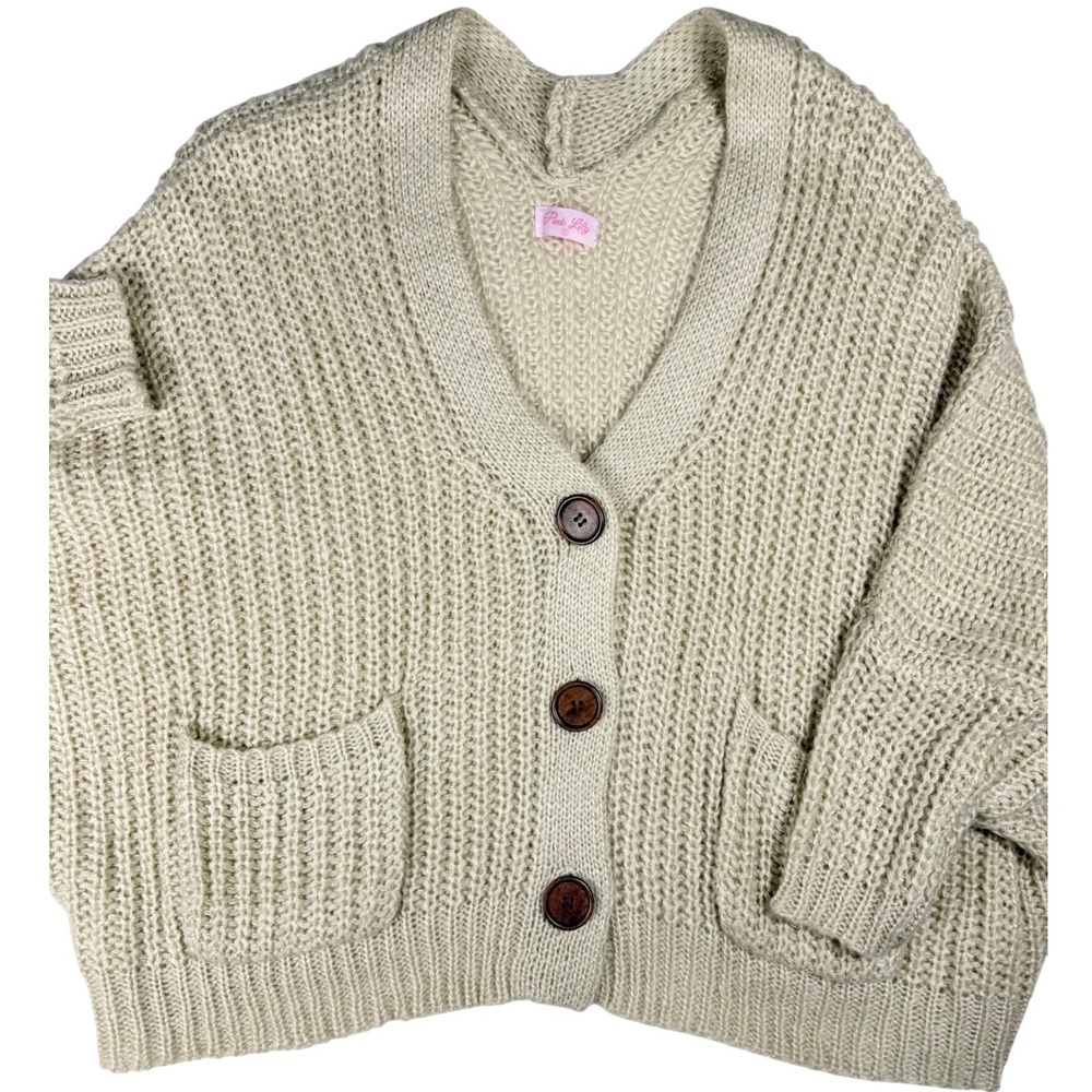 Pink Lily Oatmeal Beige Chunky Knit Button Front Pocket Cardigan Sweater Small